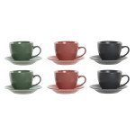 Juego de 6 Tazas con Plato DKD Home Decor Verde Rosa Gris oscuro Gres 150 ml 16 x 17 x 35 cm